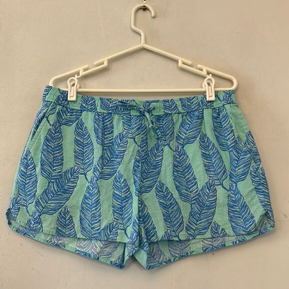 Vineyard Vines linen blue green feather elastic waist shorts Size M EUC - Picture 1 of 9
